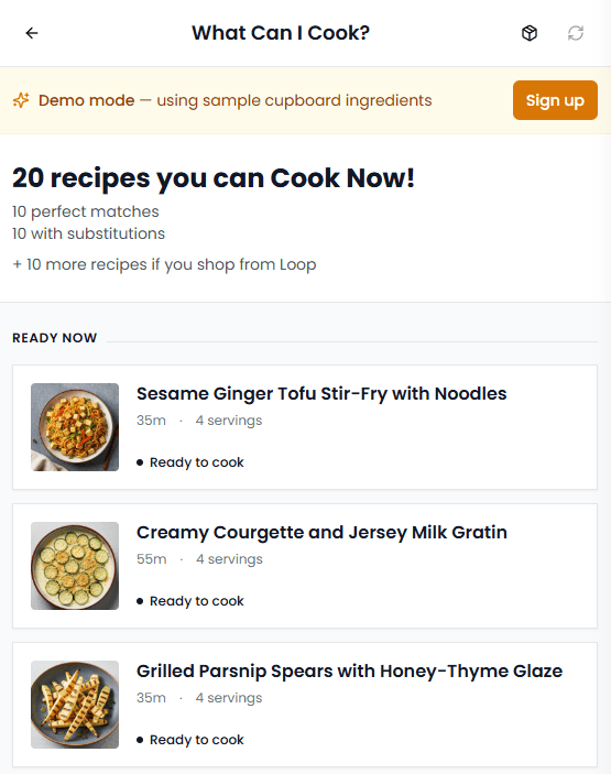 Cook Now Demo Interface