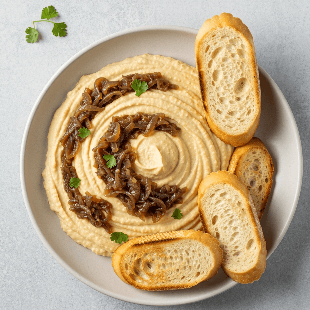 French Onion Soup Hummus with Toasted Baguette