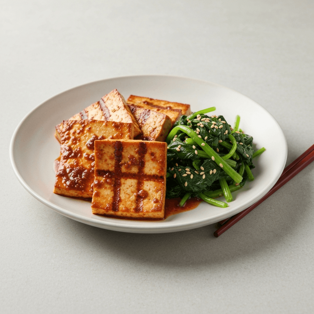 Korean BBQ Marinated Tofu with Sesame Spinach