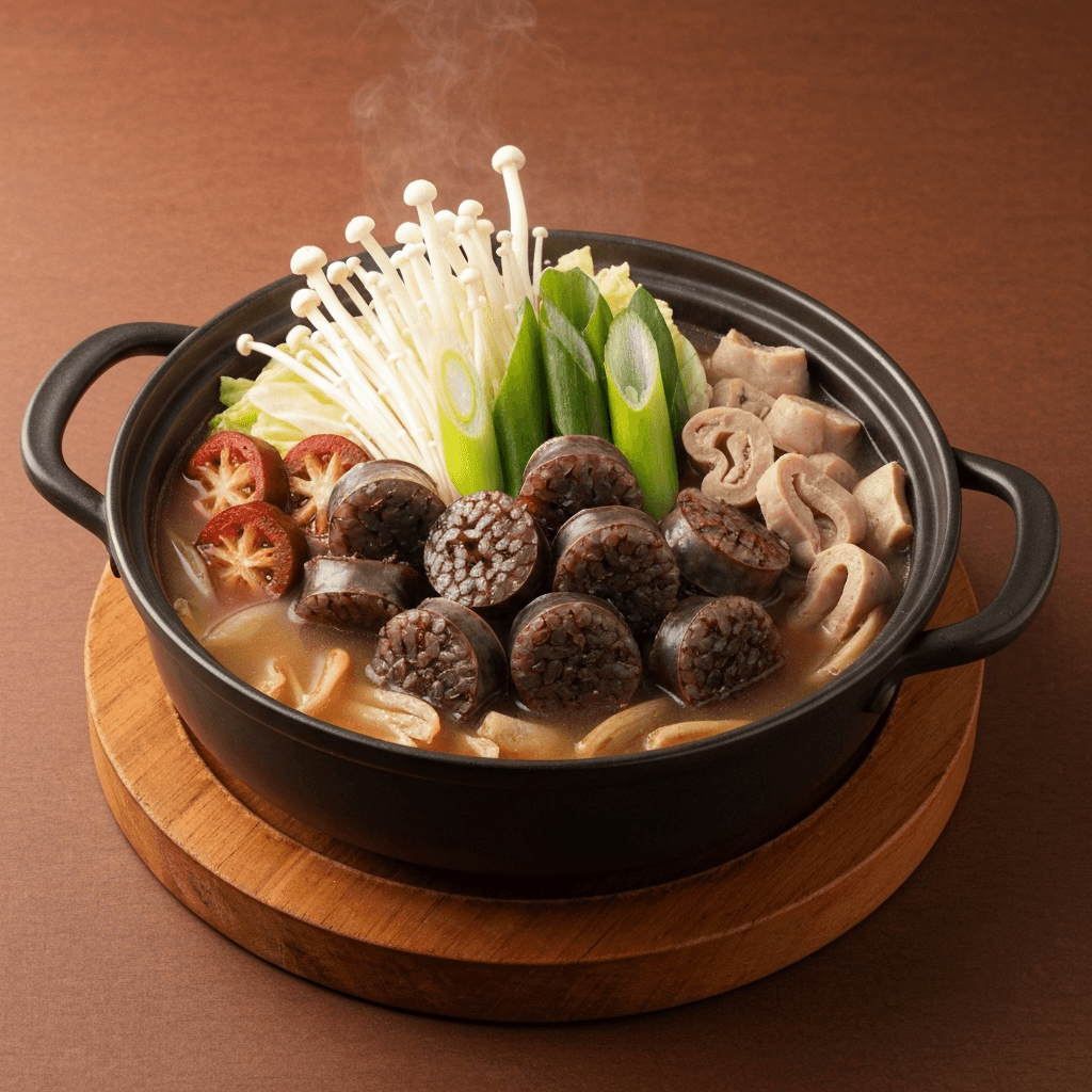Korean Blood Sausage (Sundae) Hot Pot with Vegetables and Broth