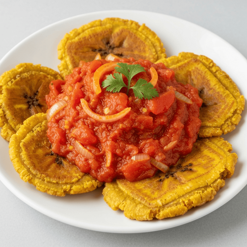 Hogao (Colombian Tomato and Onion Sauce) with Patacones