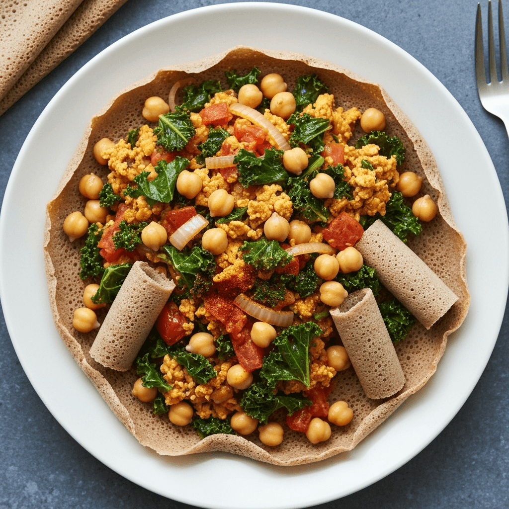 Injera Breakfast Scramble with Berbere Spiced Chickpeas and Kale