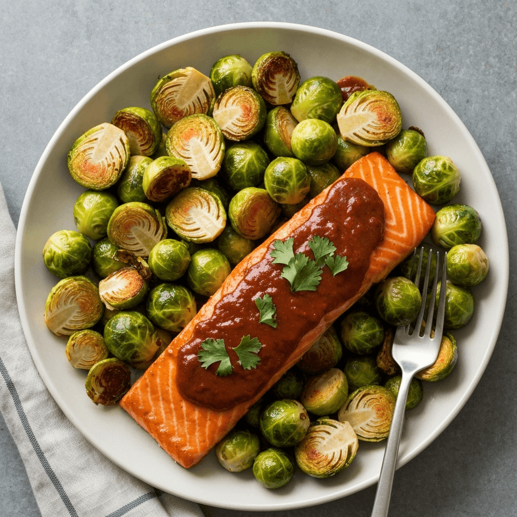 Mole Rojo-Glazed Salmon with Roasted Brussels Sprouts