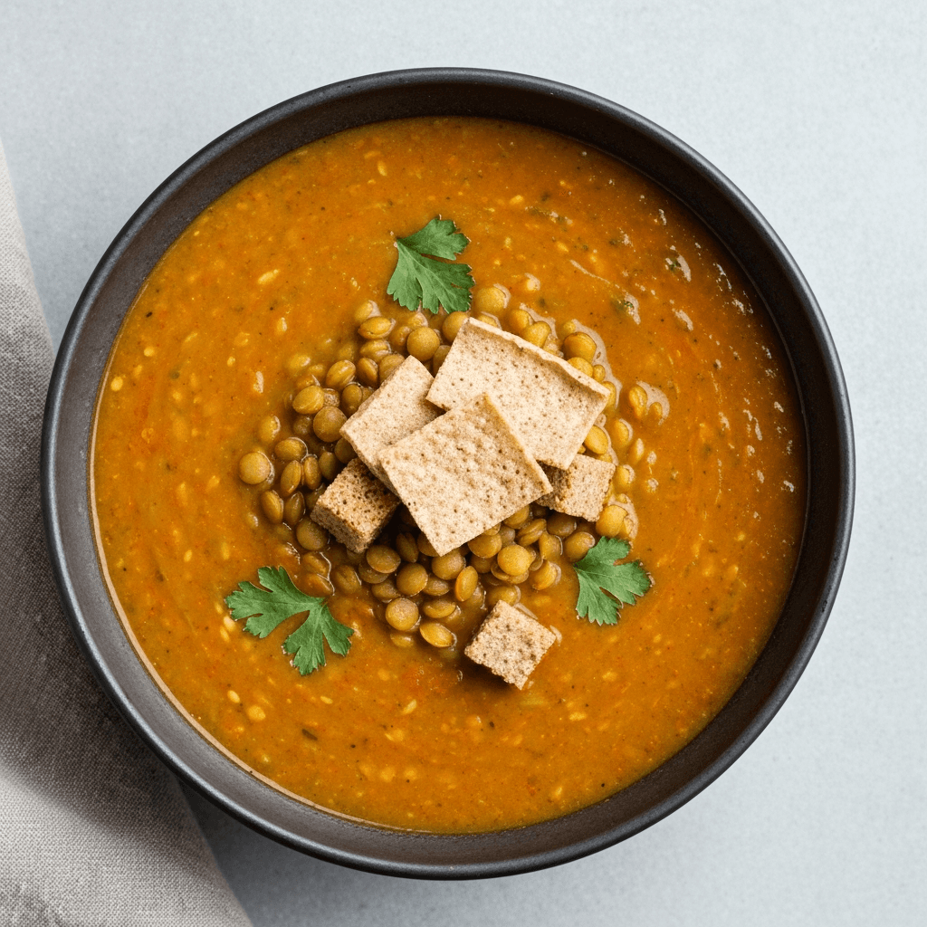 Yemisir Sambusa Soup with Injera Croutons