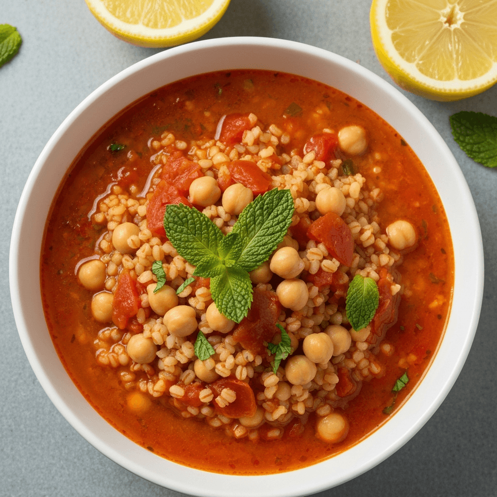 Bulgur and Chickpea Soup with Lemon and Mint