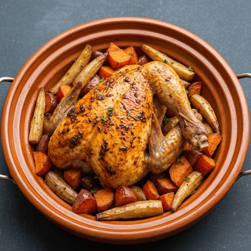 Moroccan Tagine-Spiced Roasted Chicken with Root Vegetables