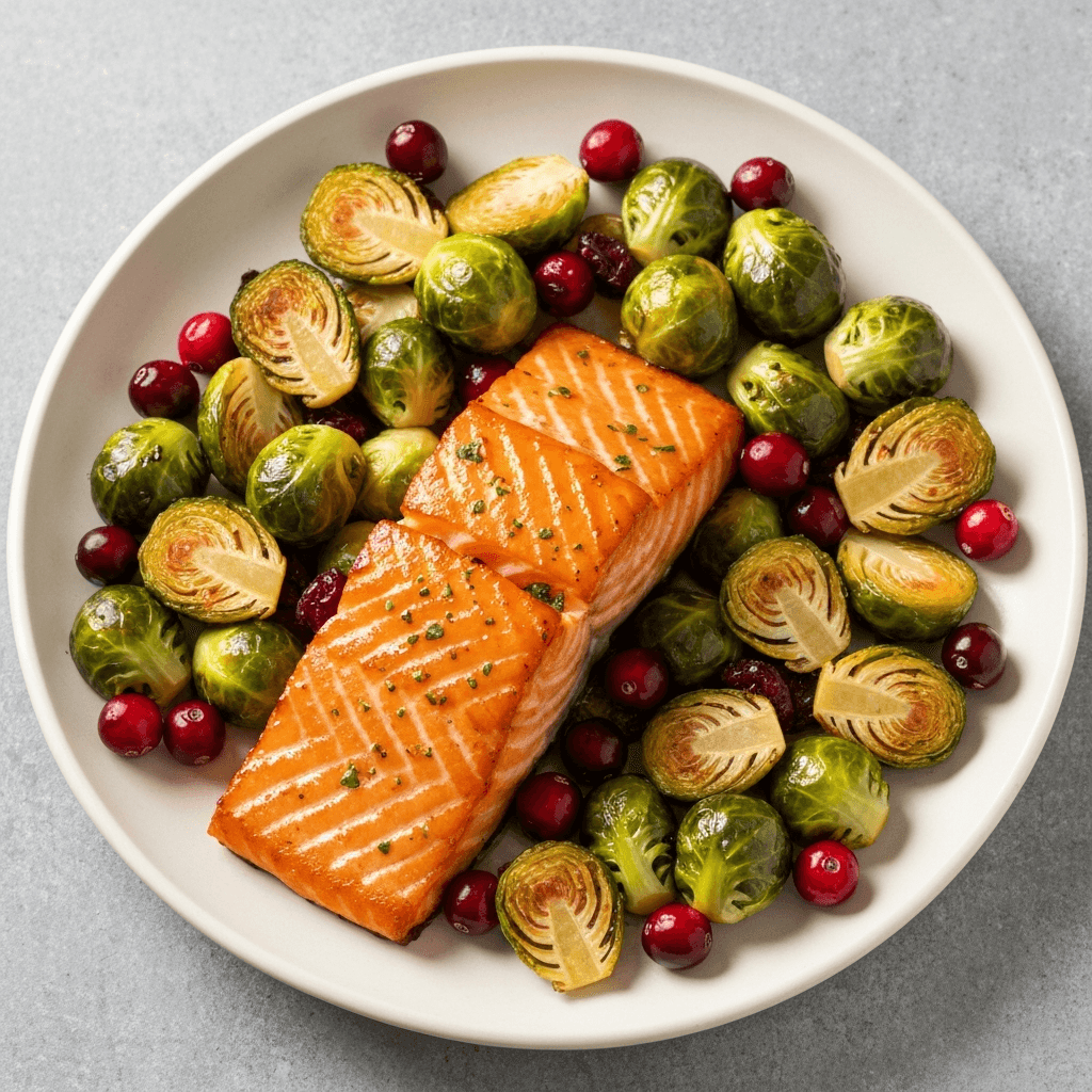 Maple-Glazed Salmon with Roasted Brussels Sprouts and Cranberries