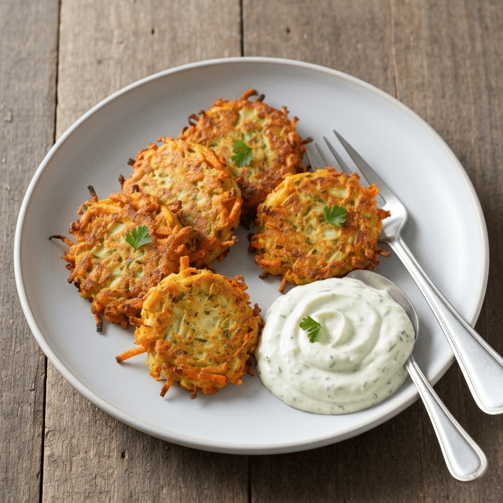 Parsnip and Carrot Fritters with Jersey Cream Dip