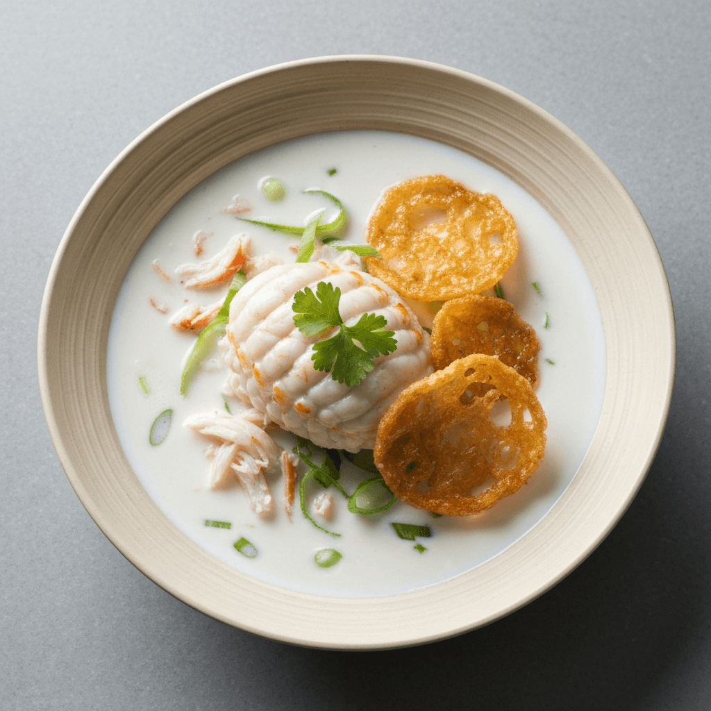 Pandan Infused Chilled Coconut Crab Bisque with Roti Gremolata