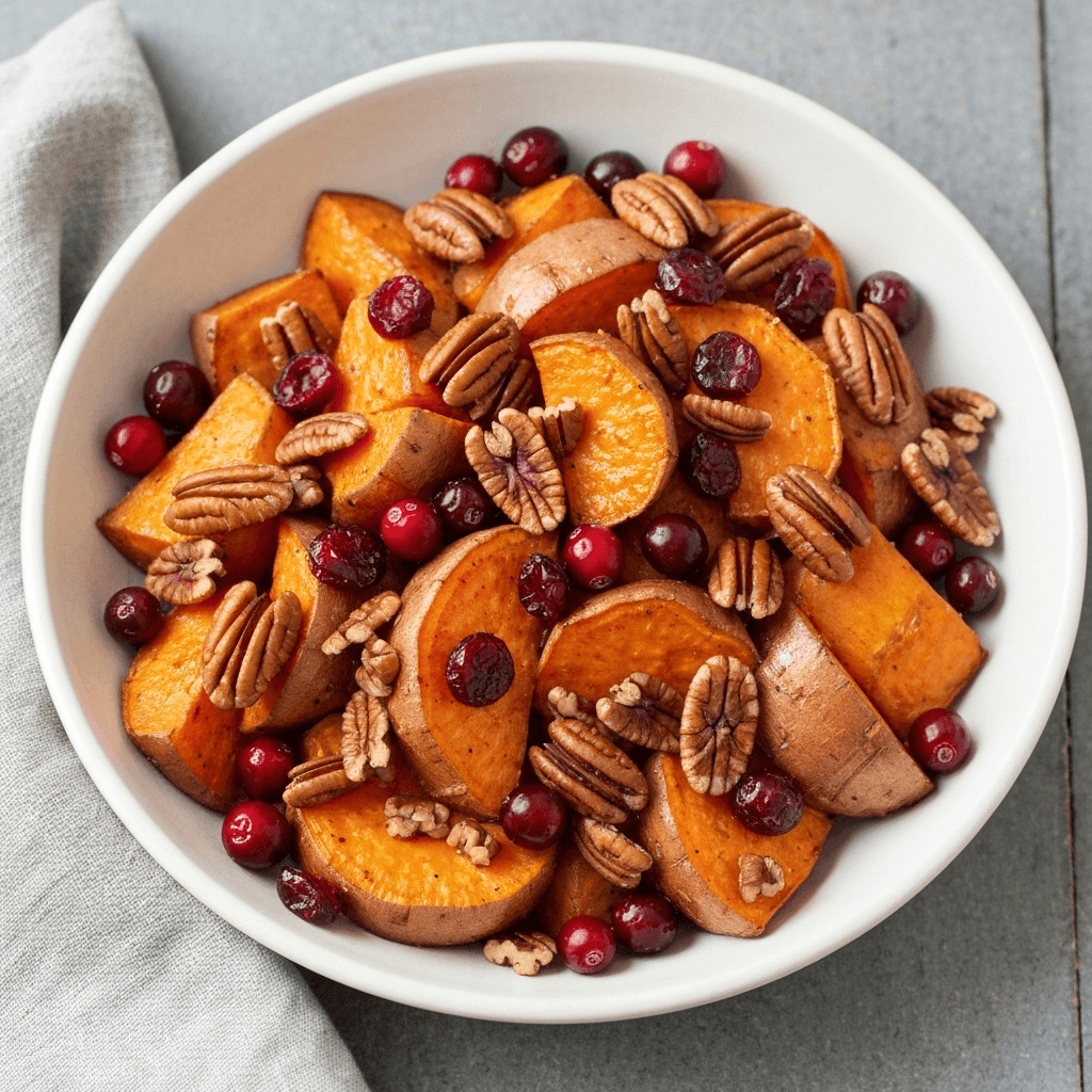 Maple-Roasted Sweet Potatoes with Pecans and Cranberries