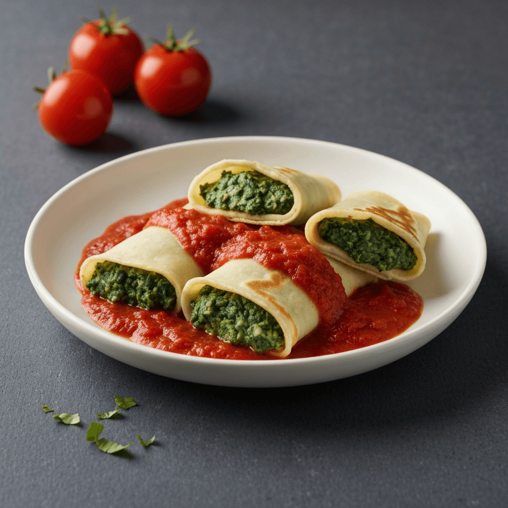 Spinach and Paneer Stuffed Crepes with Tomato Sauce