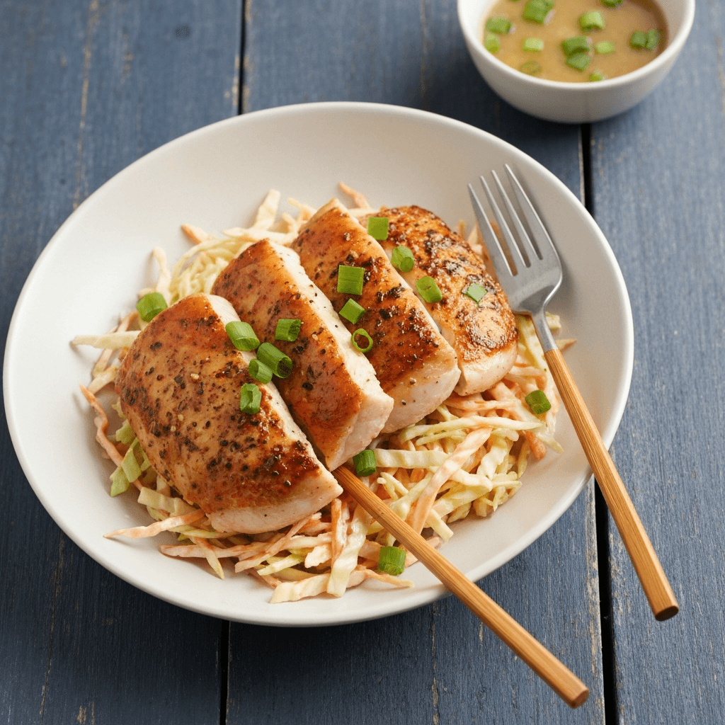 Ramen Broth Poached Chicken with Asian Slaw