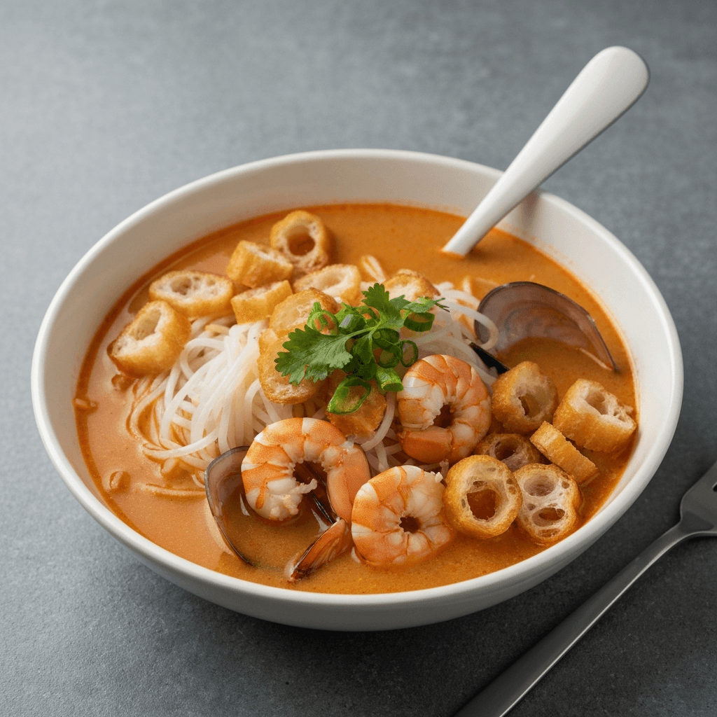 Hawker-Style Seafood White Bee Hoon Soup with Crispy You Tiao Croutons