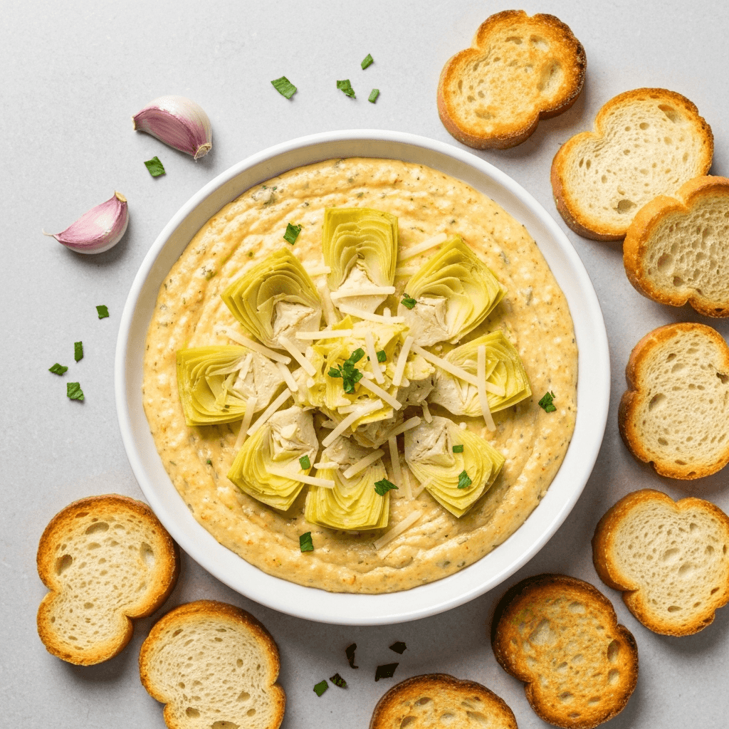 Creamy Garlic & Artichoke Dip with Crostini