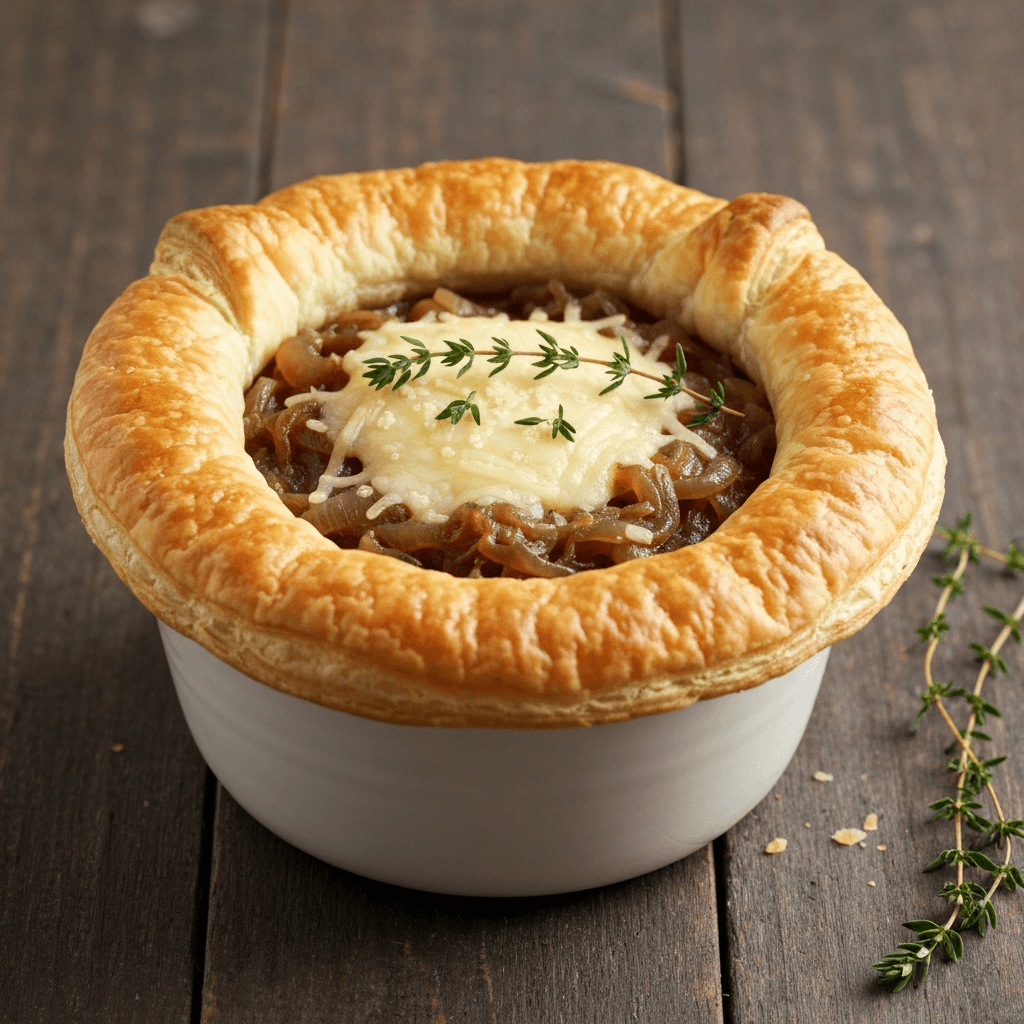 French Onion Soup Pot Pie with Puff Pastry Crust