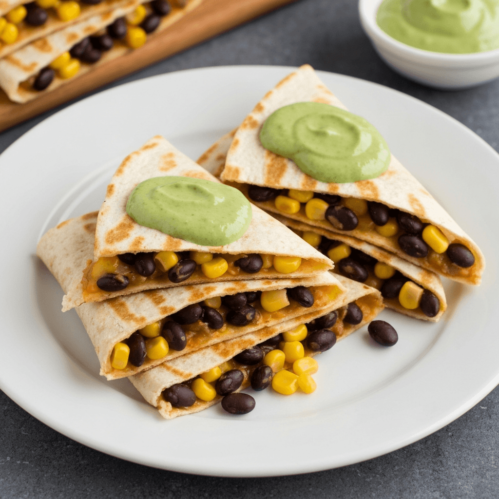Black Bean and Corn Quesadillas with Avocado Crema