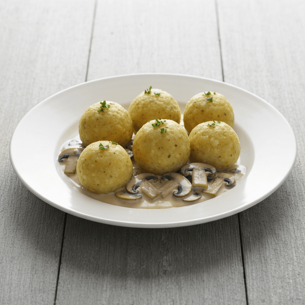 German Potato Dumplings (Kartoffelklöße) with Mushroom Sauce