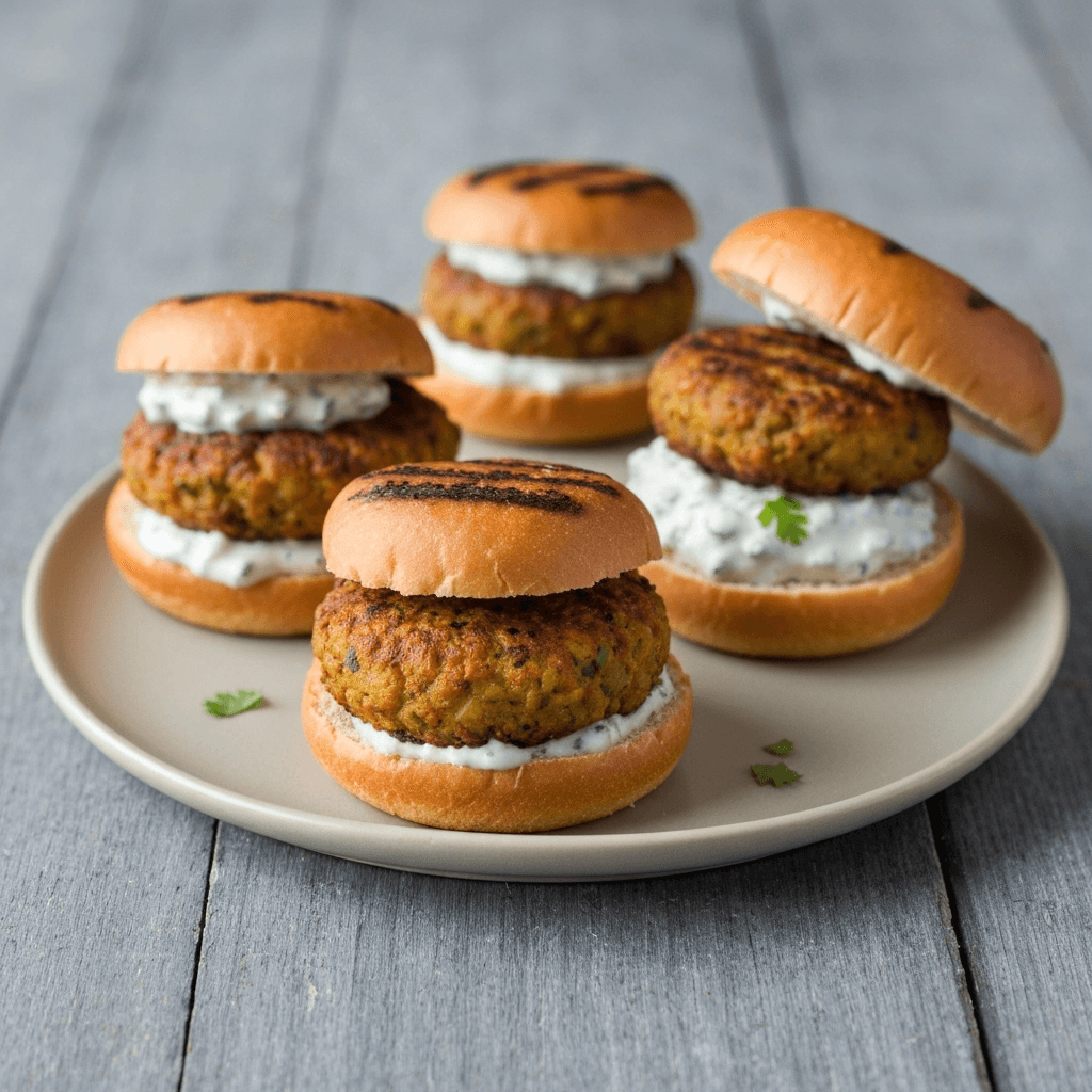 Aloo Tikki Burgers with Mint Chutney and Raita