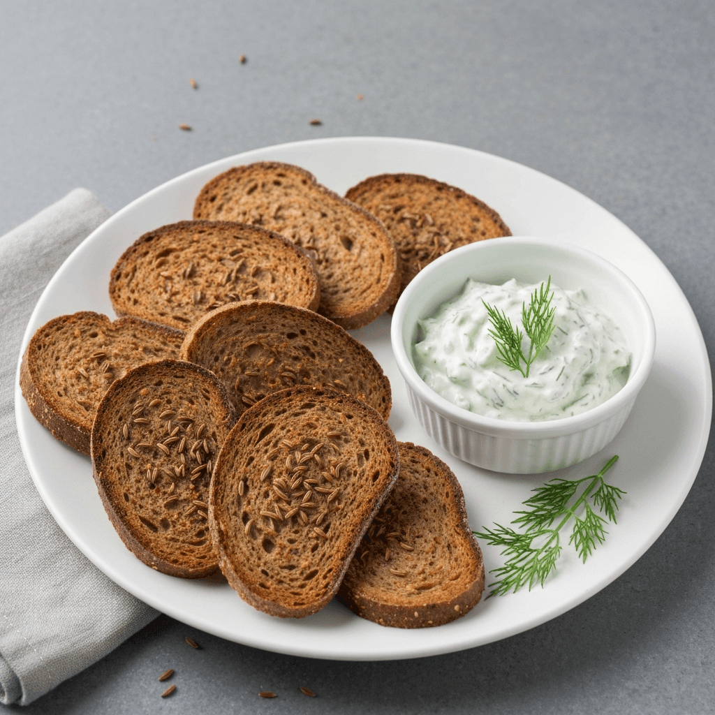 Rye Bread & Caraway Seed Crackers with Dill & Cucumber Dip