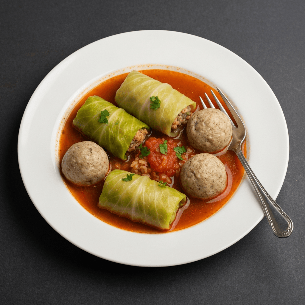 Solyanka-Stuffed Cabbage Roll Soup with Rye Bread Dumplings