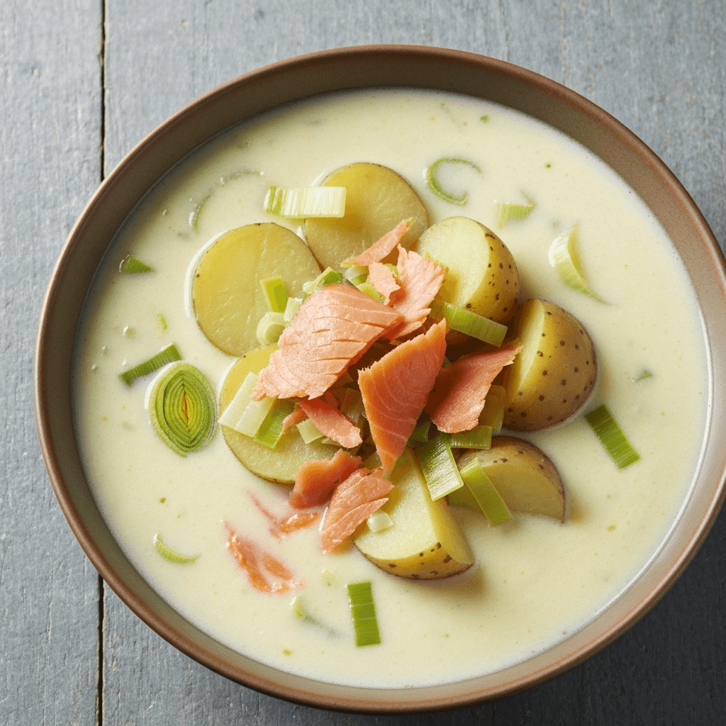 Yukon Gold Potato and Leek Soup with Smoked Salmon