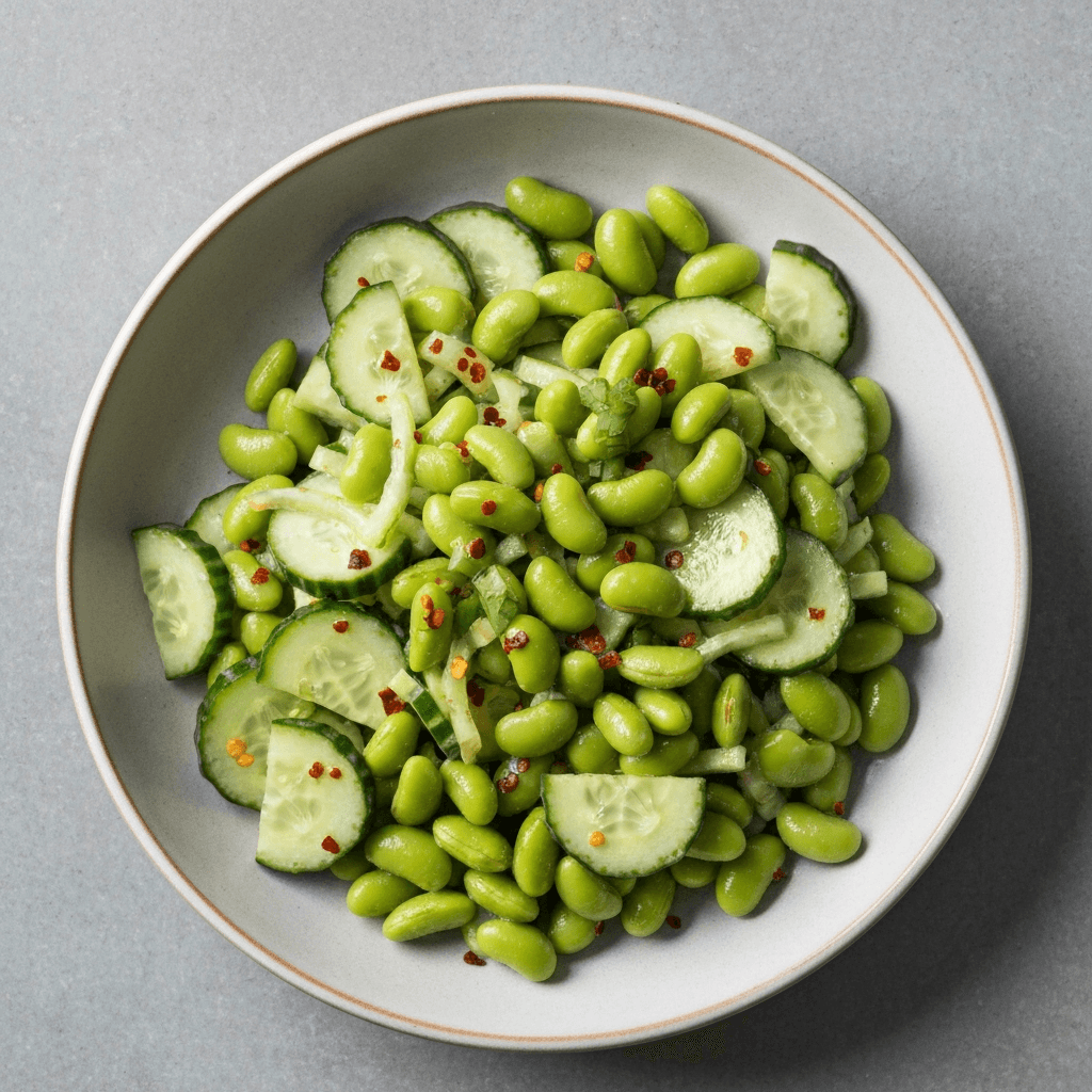 Spicy Edamame and Cucumber Salad with Miso Dressing