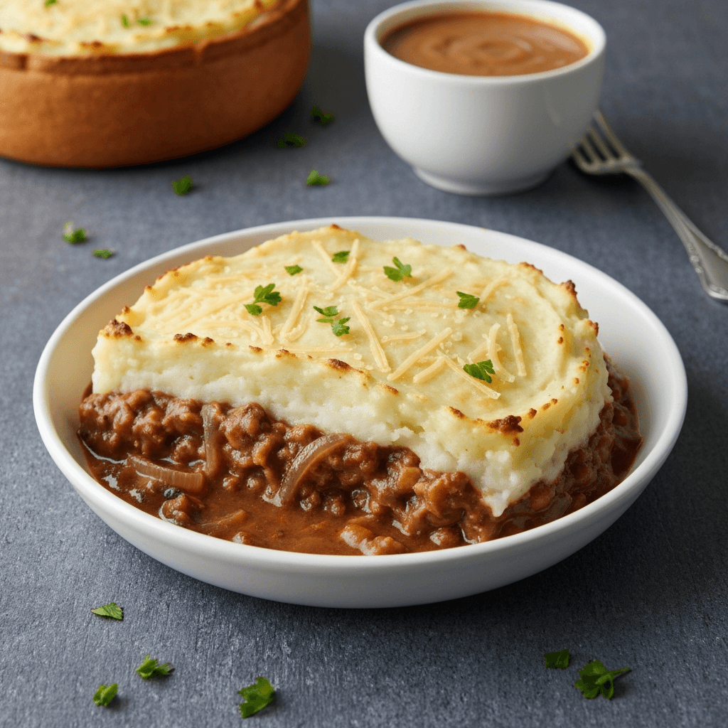 French Onion Soup Shepherd's Pie with Gruyere Mashed Potato Topping