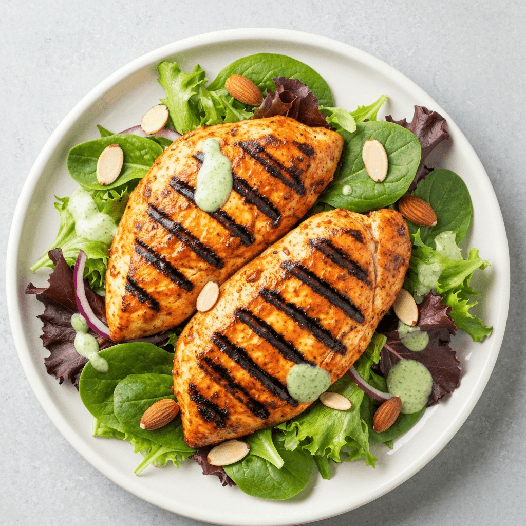 Tagine-Marinated Grilled Chicken Salad with Mint-Cilantro Dressing