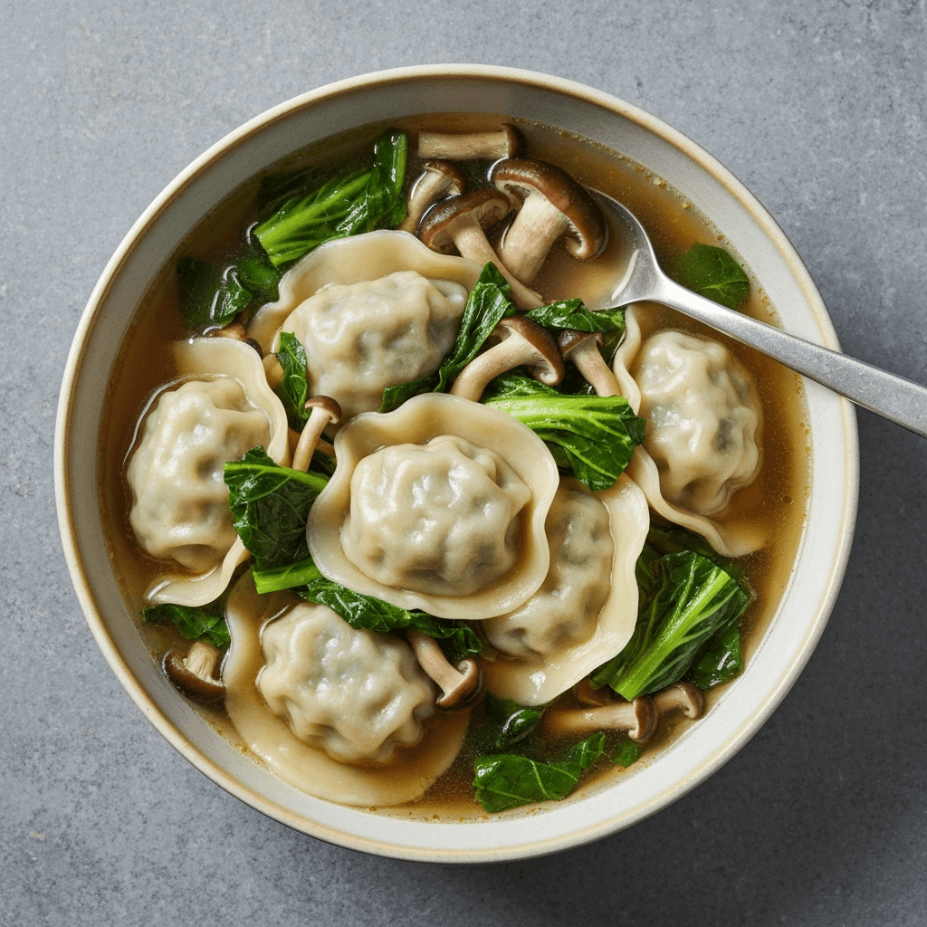 Vegan Dumpling Soup with Winter Greens and Shiitake Mushrooms