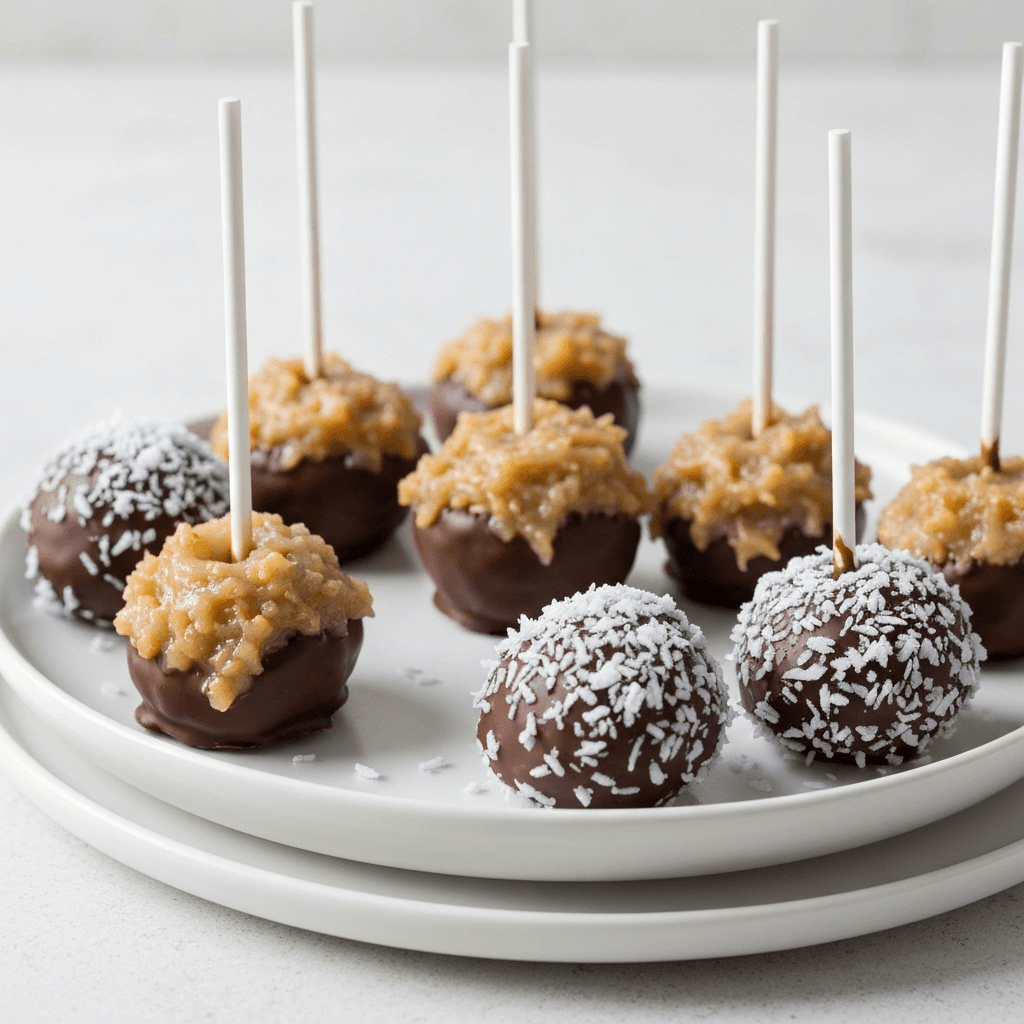 German Chocolate Cake Pops with Coconut Flakes