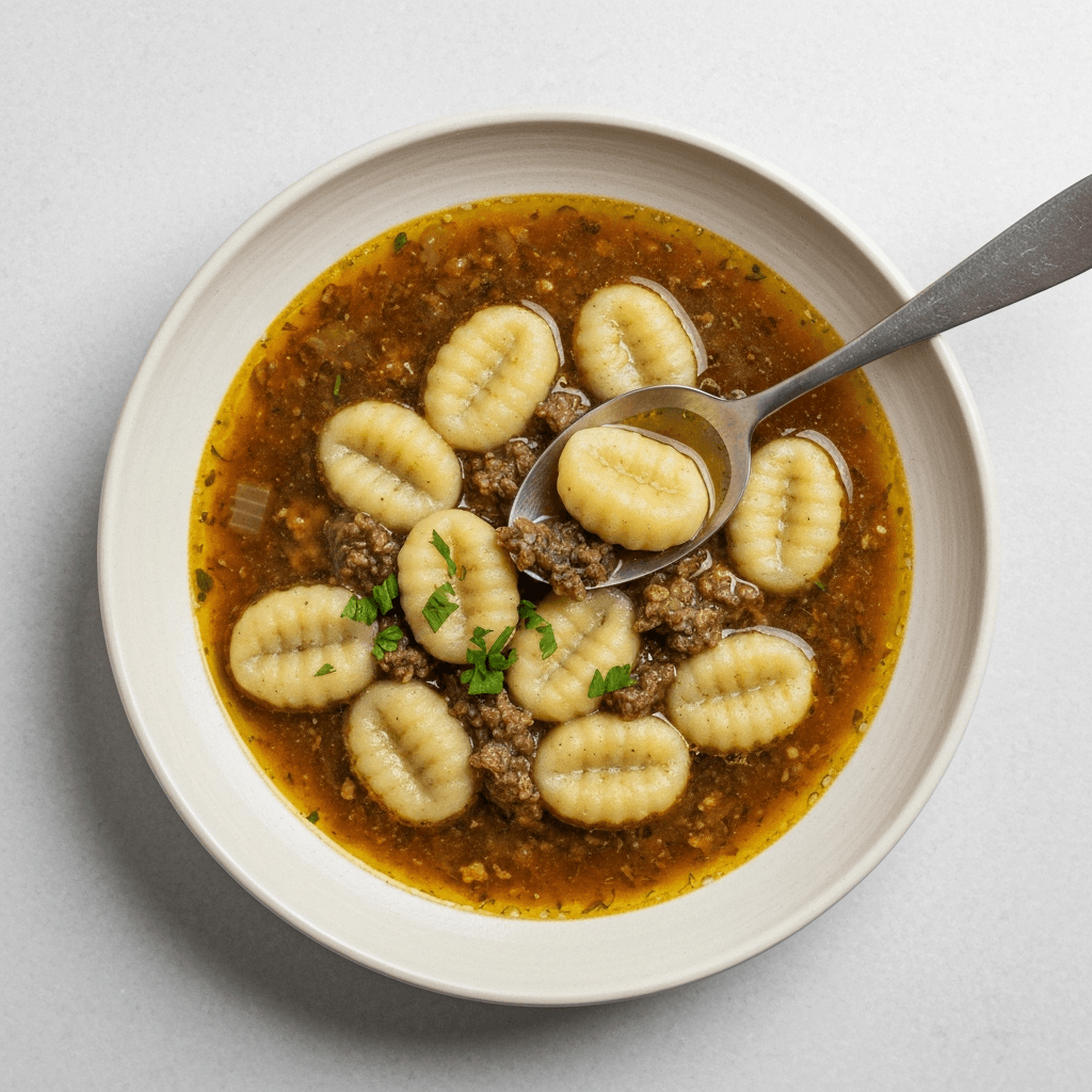 Rye Bread Gnocchi Dumpling Soup with Solyanka-Infused Brown Butter Sauce
