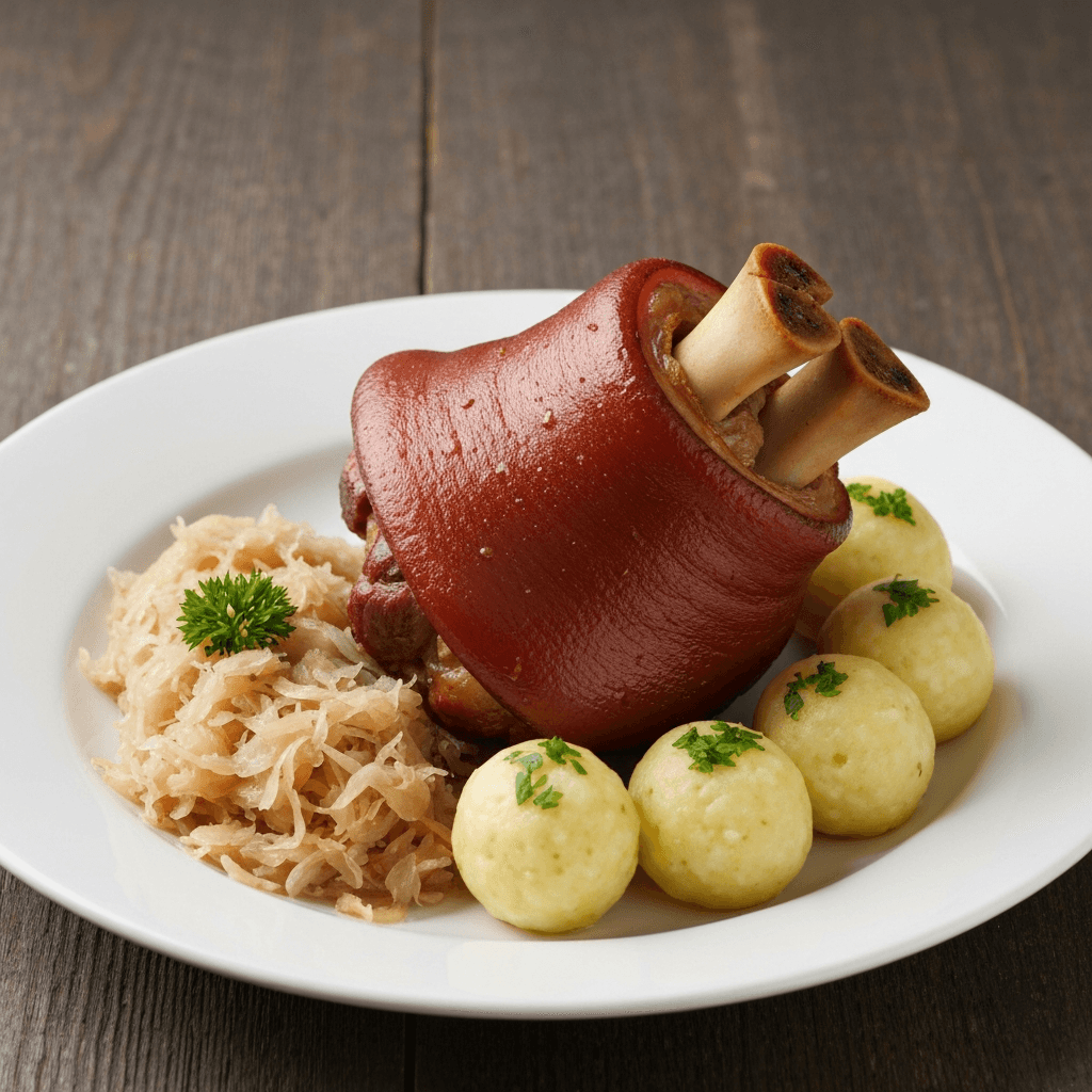 German Braised Pork Knuckle (Schweinshaxe) with Sauerkraut and Potato Dumplings
