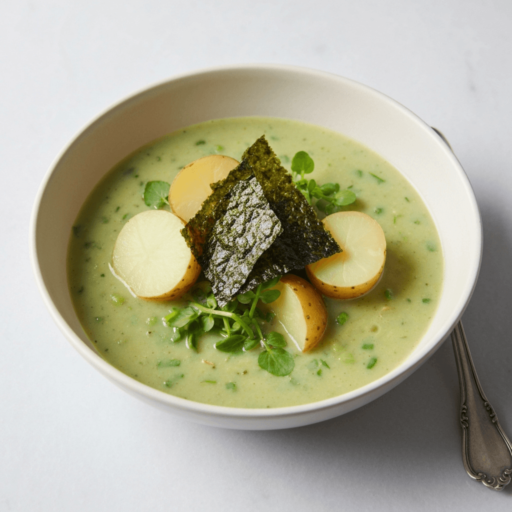 Jersey Royal Potato and Watercress Soup with Crispy Seaweed