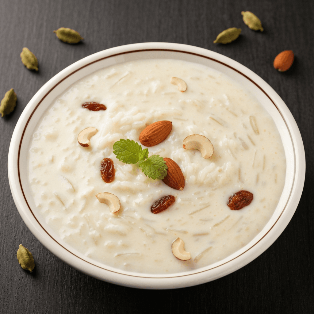 Rice Kheer (Indian Rice Pudding) with Cardamom and Nuts
