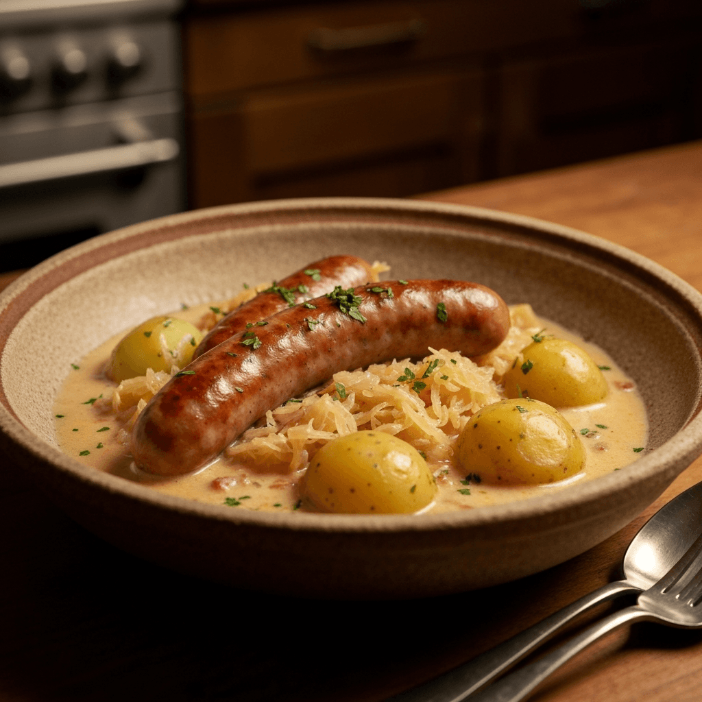 Bratwurst Eintopf with Sauerkraut and Beer