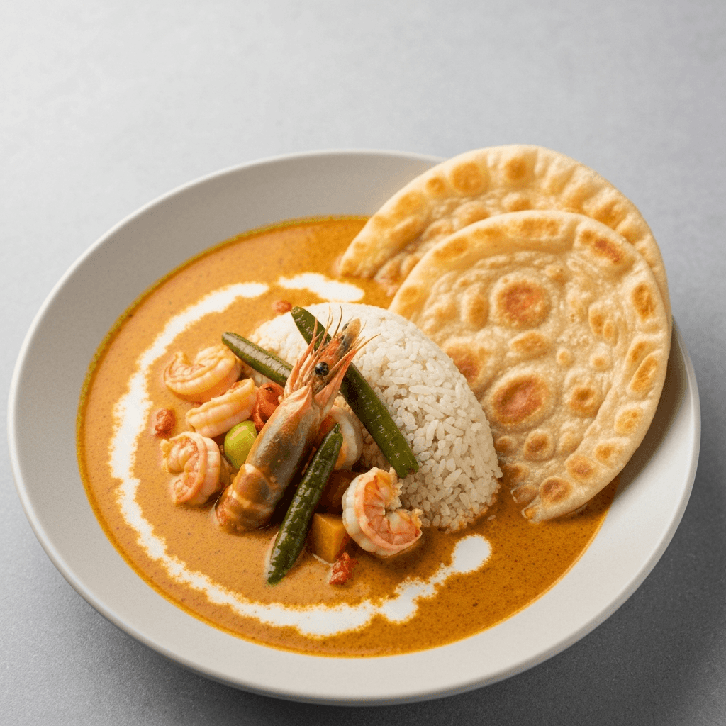 Coconut Curry Sambal Seafood Bisque with Flaky Roti Prata
