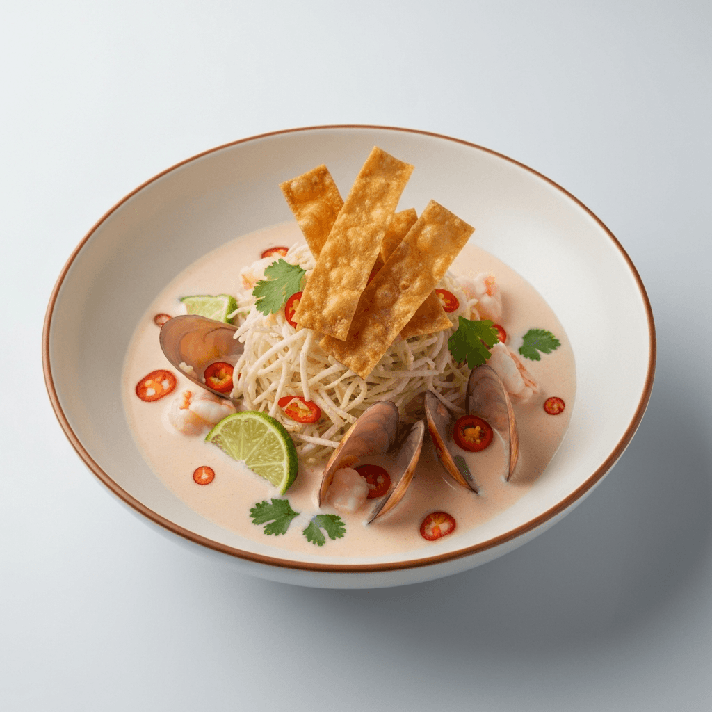 Coconut Seafood Salad Soup with Chili Lime Roti Croutons