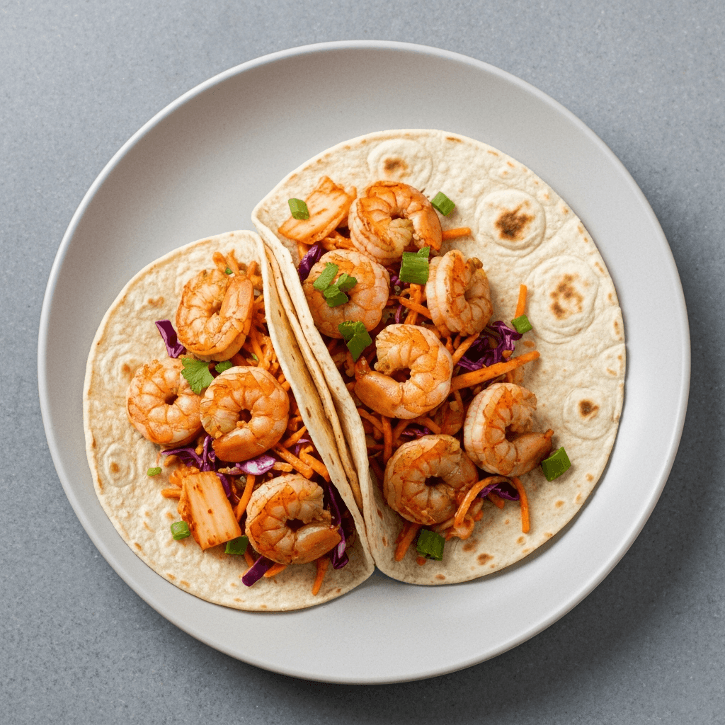 Spicy Korean Shrimp Tacos with Kimchi Slaw and Gochujang Mayo