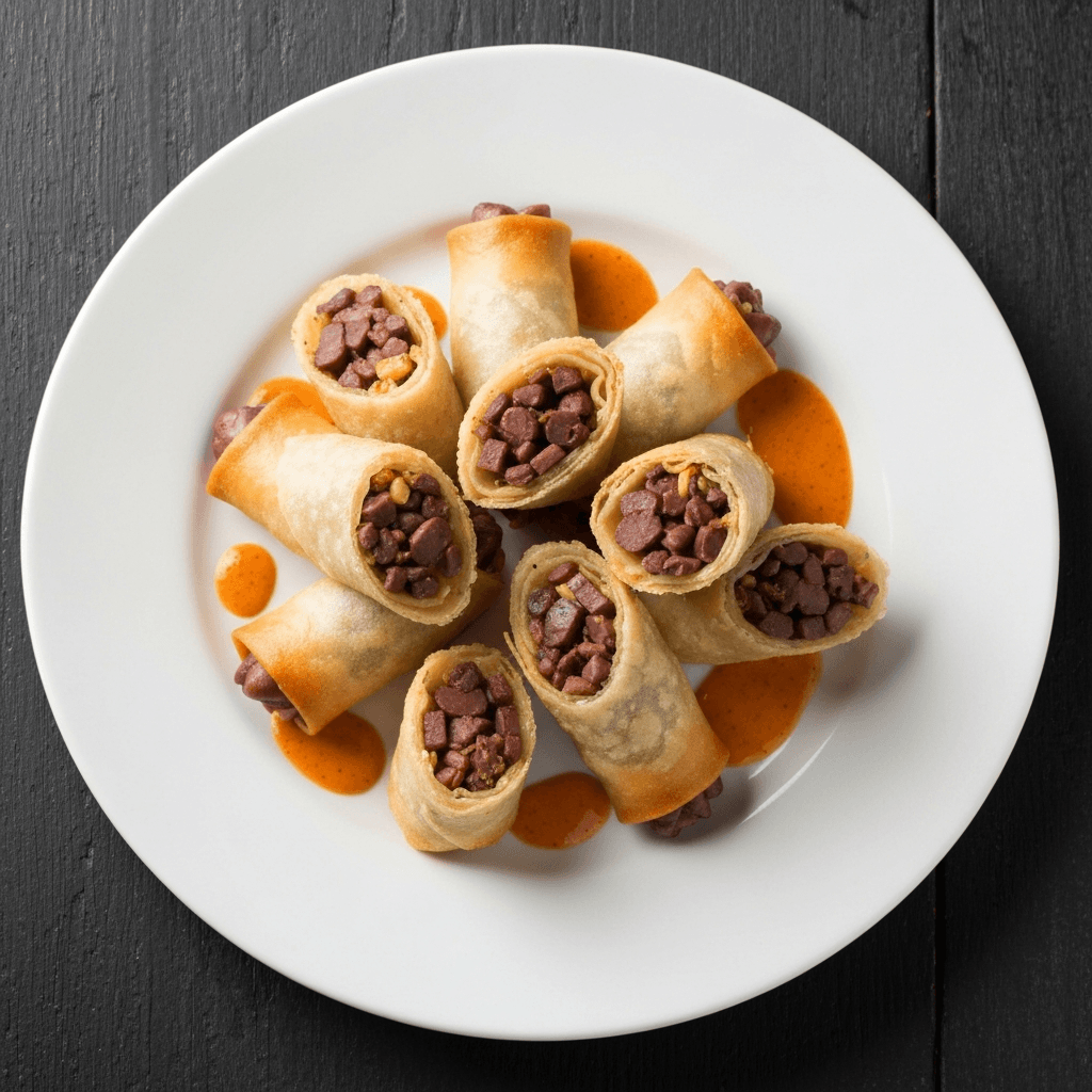 Feijoada Spring Rolls with Spicy Peanut Sauce
