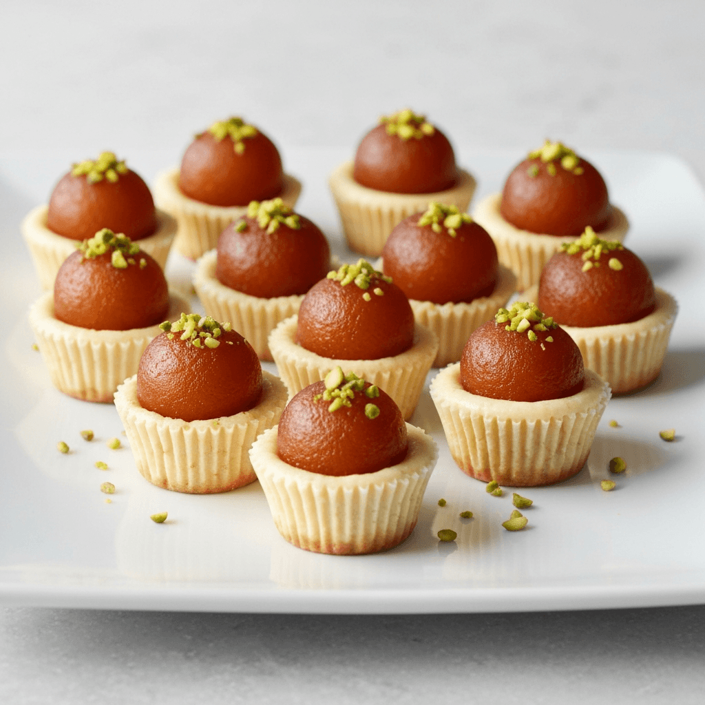 Gulab Jamun Cheesecake Bites with Pistachio Garnish