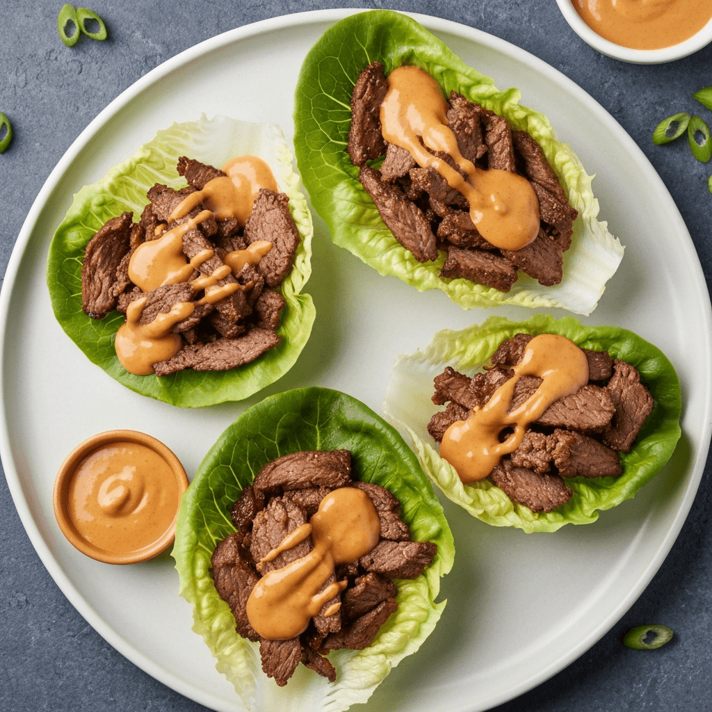 Korean BBQ Beef Lettuce Wraps with Peanut Sauce