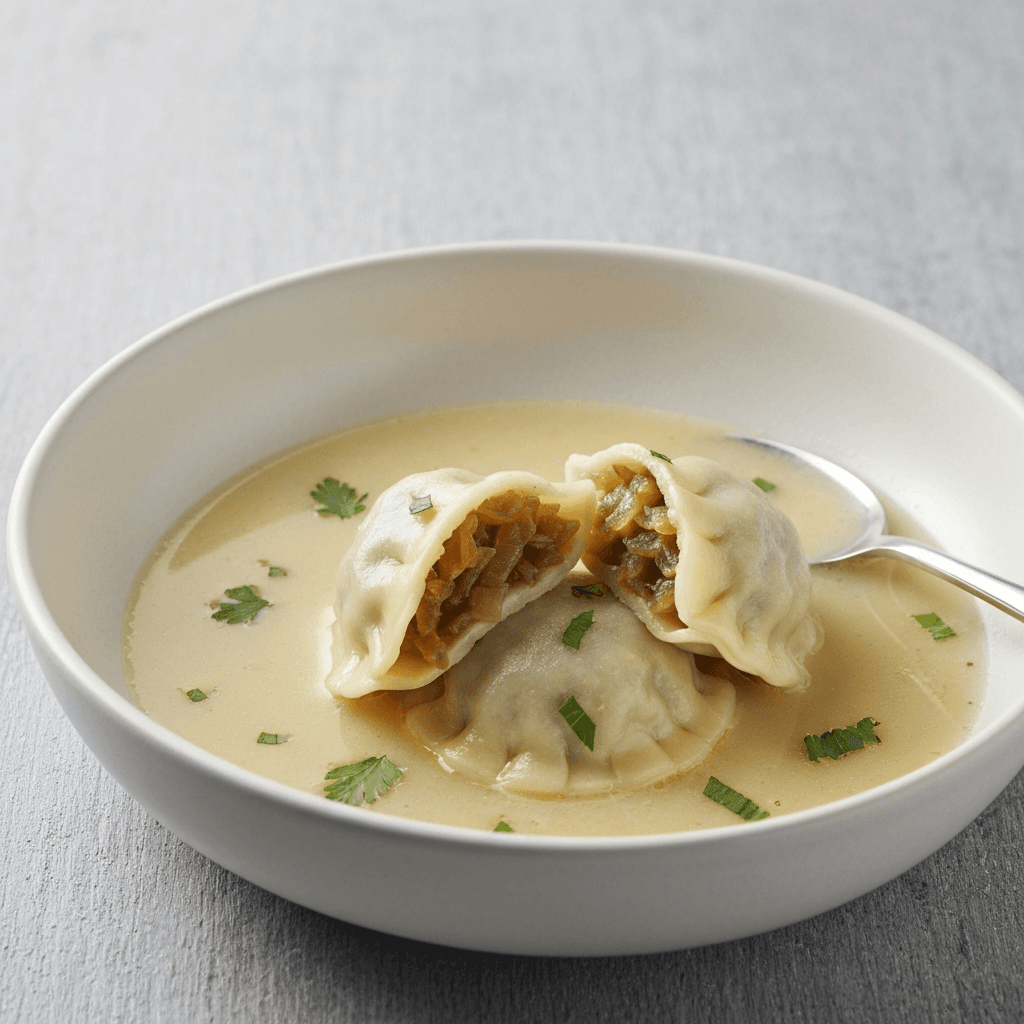 French Onion Soup Dumplings with Parmesan Broth