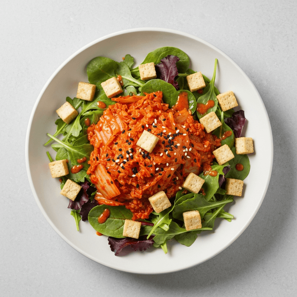 Spicy Kimchi Jjigae Salad with Tofu Croutons