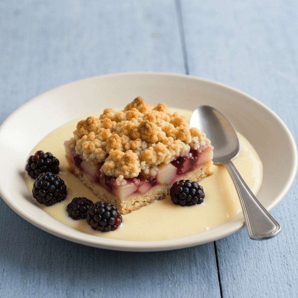 Apple and Blackberry Crumble with Jersey Custard
