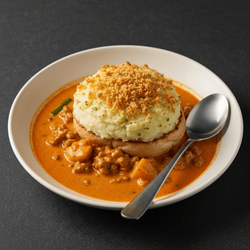 Sambal Seafood Bisque Shepherd's Pie with Roti John Mash