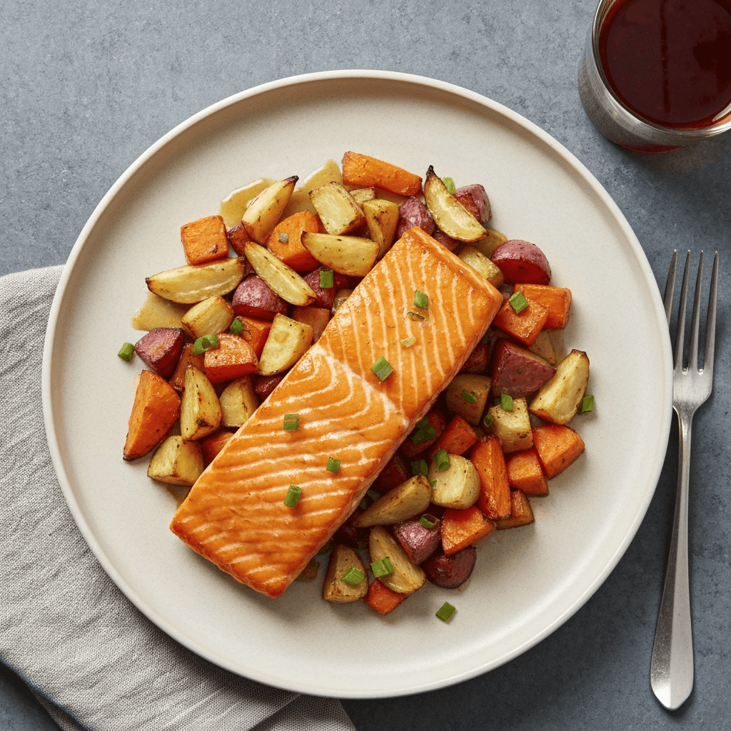 Miso Glazed Salmon with Roasted Root Vegetables