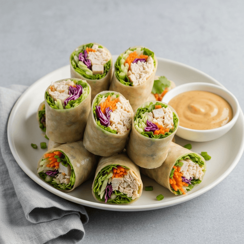 Chicken and Cabbage Salad Rolls with Peanut Dipping Sauce