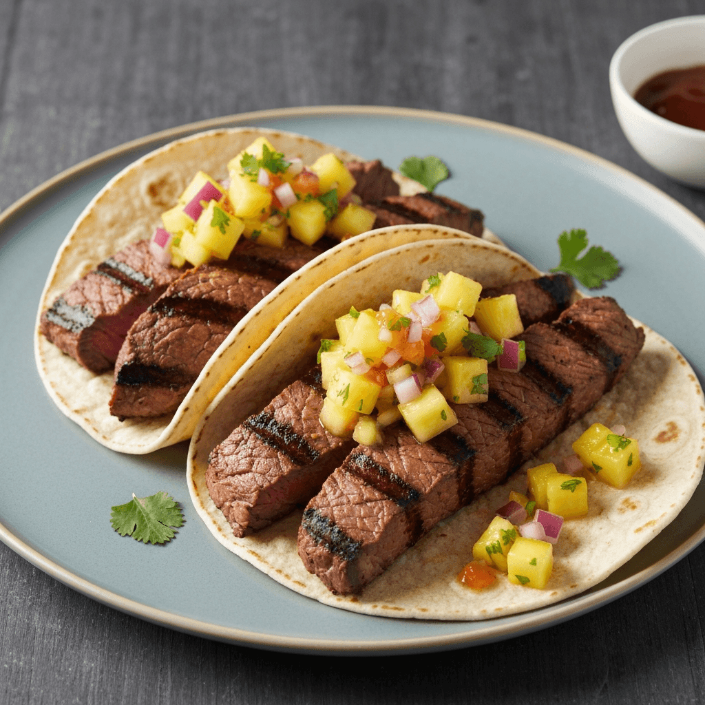 Black Bean and Coffee Rubbed Steak Tacos with Pineapple Salsa