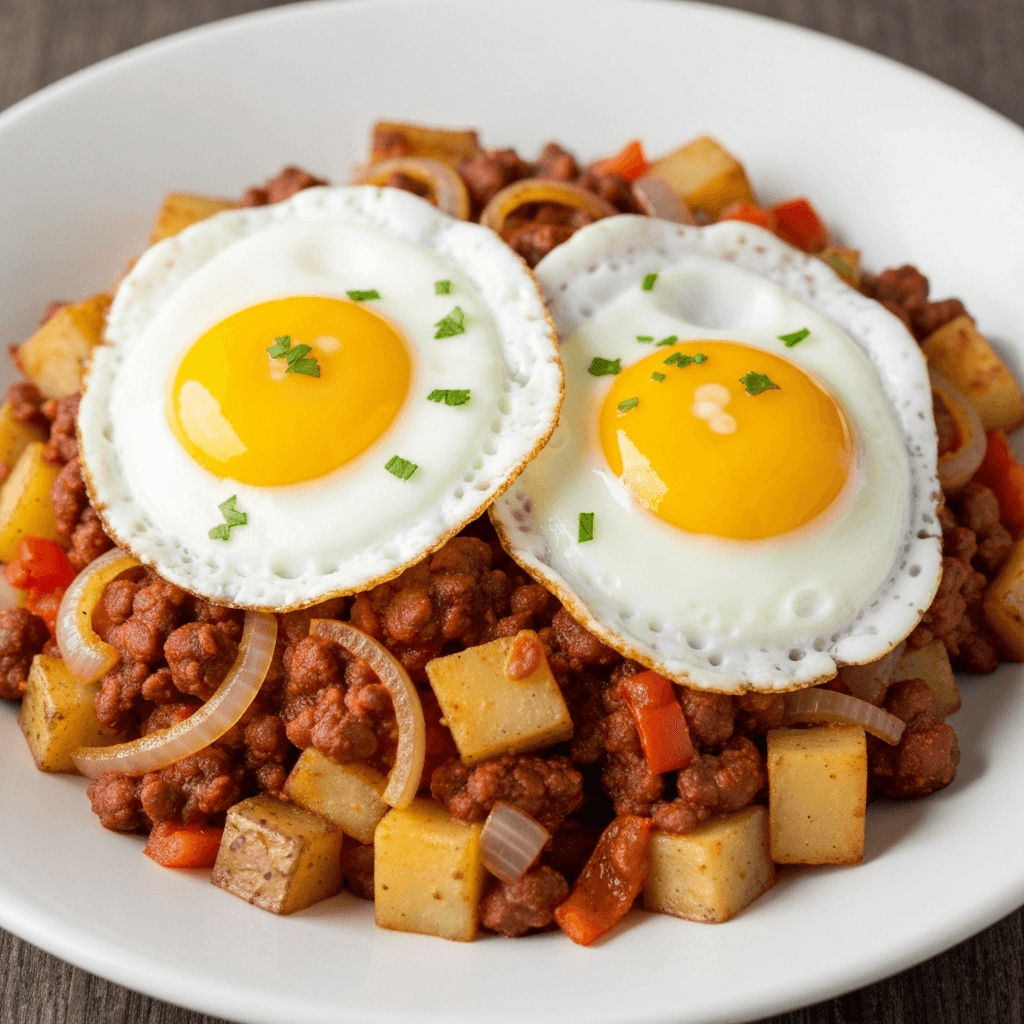 Chili Breakfast Hash with Fried Eggs