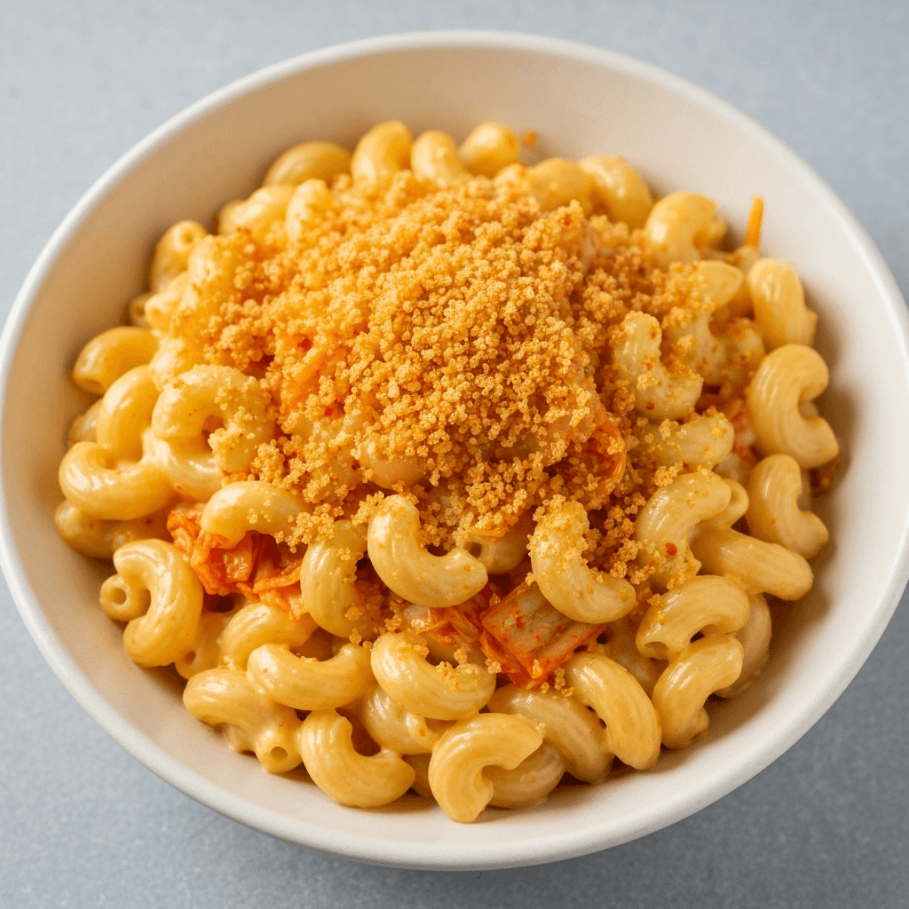 Spicy Kimchi Mac and Cheese with Gochujang Breadcrumbs